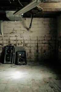 A homeowner inspecting a concrete basement wall with a flashlight, checking for water stains or cracks.
