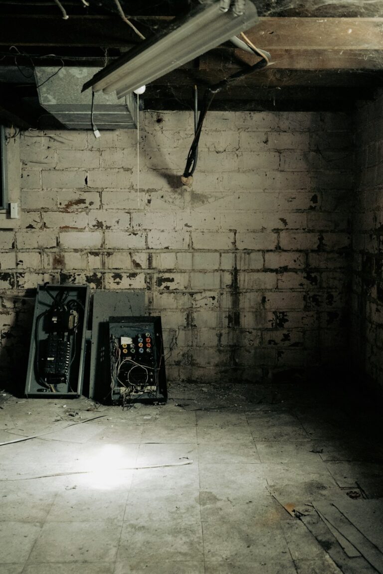 A homeowner inspecting a concrete basement wall with a flashlight, checking for water stains or cracks.